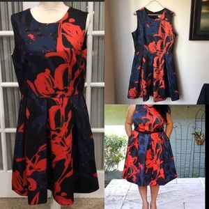 Blue and Orange fit and flare dress with pockets